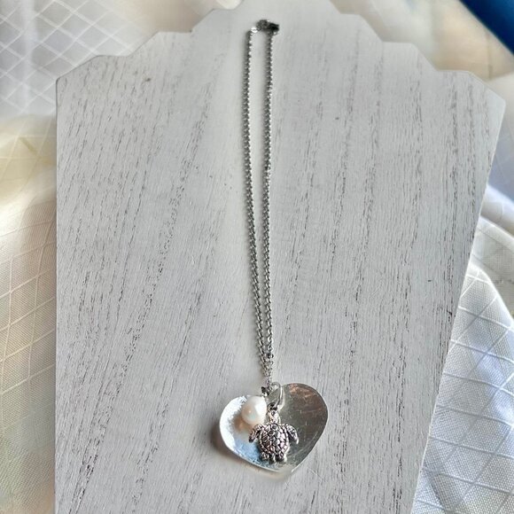 Jewelry - Tropic Beachy Nautical Necklace, Turtle Heart Pearl, Mixed Metal Necklace
